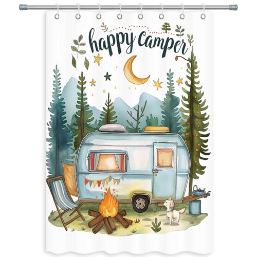 Happy Camper Small Stall RV Shower Curtain Rustic Tree Mountain Adventure Tent Camping Bathroom Curtains Travel Trailer Bathroom Accessories Set with Hooks 48 x 72 Inches - color: Blue, size: 48"W x 72"L (Pack of 1)