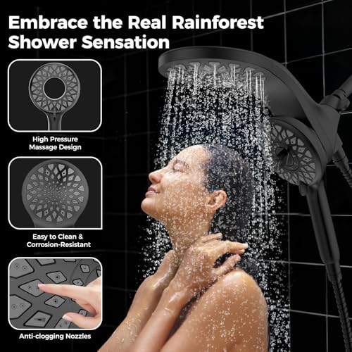 High Pressure Rain Shower Head with Handheld Spray Combo | Detachable Dual Shower Head with 10 Sprays Modes - Upgrade Knob Spray Mode Selector and Magnetic Guidance Docking System - color: Matte Black