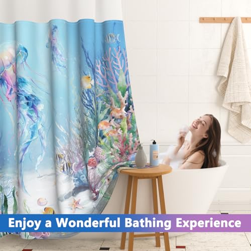 Ocean No Hook Shower Curtain with Snap in Liner Set, Colorful Jellyfish Shower Curtain with Mesh Top Window and Weighted Hem, Hotel Style Double-layer Waterproof Fabric Shower Curtain for Bathroom - color: Jellyfish