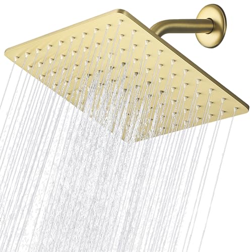Solid Metal Rain Shower Head, Square High Flow Rainfall Shower Head with Shower Arm and Flange, Reinforced Explosion-Proof Stainless Steel Construction (10-Inch, Brushed Gold) - color: Brushed Gold, size: 10 Inch