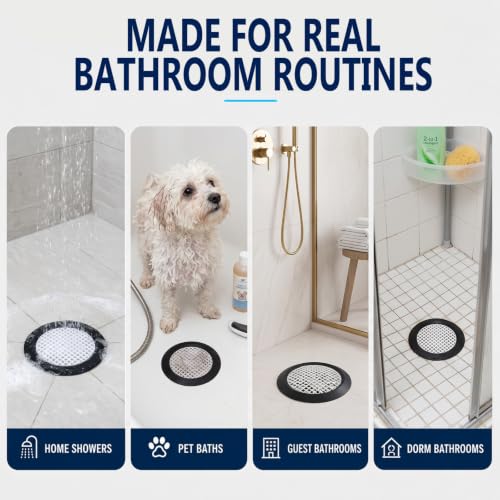 35 Pack Disposable Shower Drain Hair Catcher with Weighted Silicone Ring | Adhesive-free 3.84 in mesh nets for flat shower, tub and floor drains, designed to help hold the cover securely in place.
