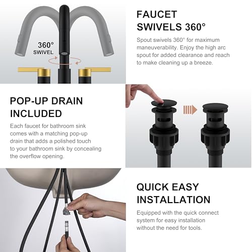 Black and Gold Centerset Pull Down Bathroom Faucet 4 Inch 2 Handle | Pull Out Bathroom Faucet with Pop Up Drain & Supply Lines, Lead-Free cUPC & NSF Certified, 3 Hole Faucet for Vanity RV Bar - color: Black & Gold