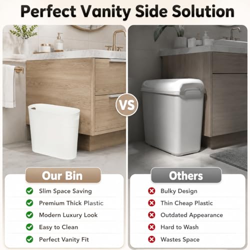 ROYFACC Small Trash Can Plastic Bathroom Wastebasket 3.2 Gallon Slim Garbage Container Bin with Handle for Home Kitchen Bathroom Bedroom Office, 2 Pack (White) - color: White