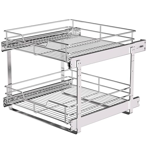 2-Tier Pull Out Cabinet Organizer, 17" W x 22" D, Chrome | Heavy-Gauge Wire Sliding Shelves , 100 lbs Capacity, Ball-Bearing Glides, Min 18" Opening, For Pots & Bakeware Storage - size: 17 x 22 Inch