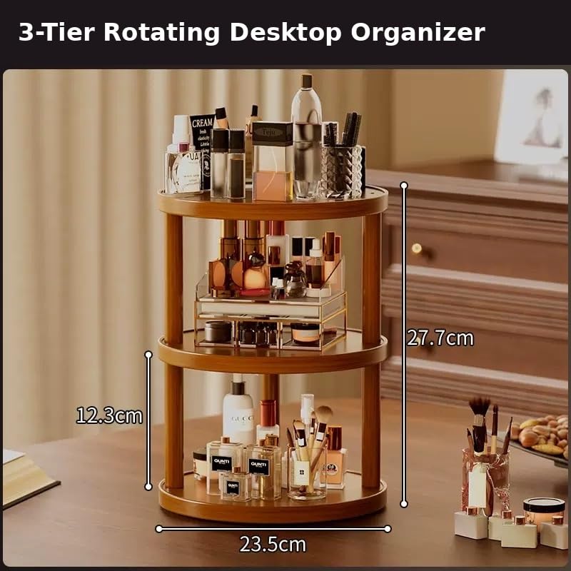 3-Tier Rotating Bamboo Makeup Organizer with Silent 360° Turntable, Large Capacity Desktop Storage Rack for Vanity, Kitchen, Coffee Station & Entryway