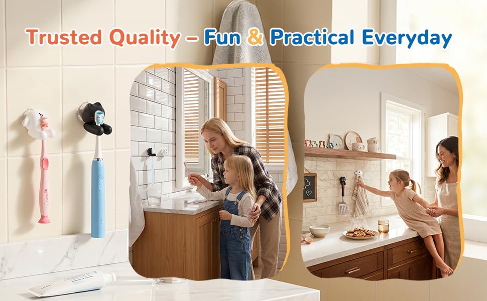 2 PCS Kids' Bathroom Toothbrush Holder,Suction Mount Silicone Toothbrush Holder,Cute Cartoon Cat and Dog Design, Perfect for Kids and Families
