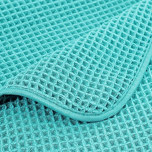 POLYTE 430 GSM Poly Blend Microfiber Quick Dry Waffle Bath Towel Set of 6 | 2-Body Towels, 2-Hand Towels, 2-Wash cloths, Oversize, Lint Free - color: Aqua