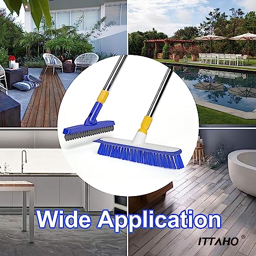 12" Wide Floor Scrub and Grout Brush Set With Long Extendable Handle - Stiff Bristle Heavy Duty Cleaner for Tile, Deck, Garage, Kitchen, Bathroom - color: White+blue