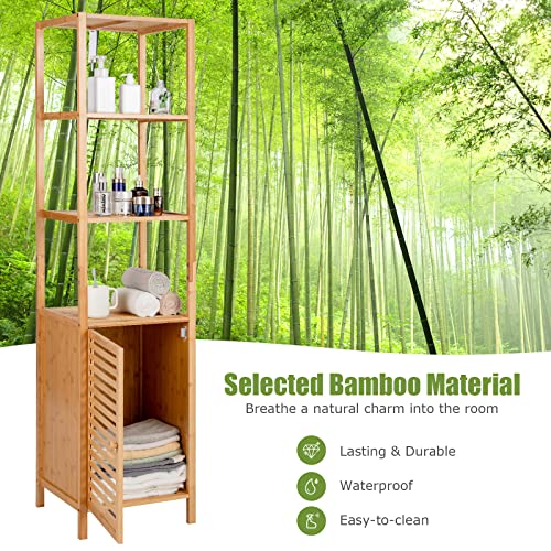 Tangkula Bathroom Cabinet, 65 Inch Tall Slim Bathroom Storage Cabinet with Shutter Door and 3 Open Shelves, Narrow Multifunctional Tower Cabinet, Natural Bamboo, 15.5 x 14.5 x 65 Inch - style: Tall Cabinet