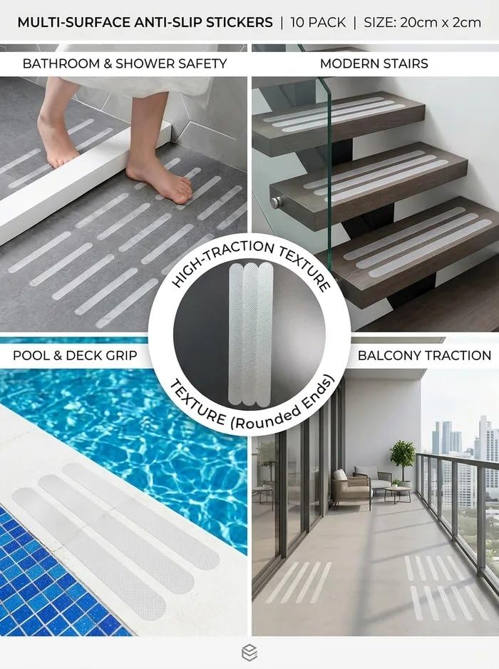 Clear Non Slip Grip Tape Strips 20 x 2 cm, Peel and Stick Stair Treads for Bathroom Shower Tub Pool Balcony, 10 Pack (Transparent,10) - color: Transparent