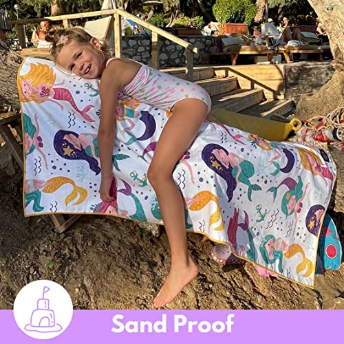 Microfiber Kids Toddler Beach Towel, Quick Dry, Sand Free, 60x30 | Pool towel, ultra-soft, girls and boys, travel pouch, camping travel vacation, toallas playas - color: Mermaids