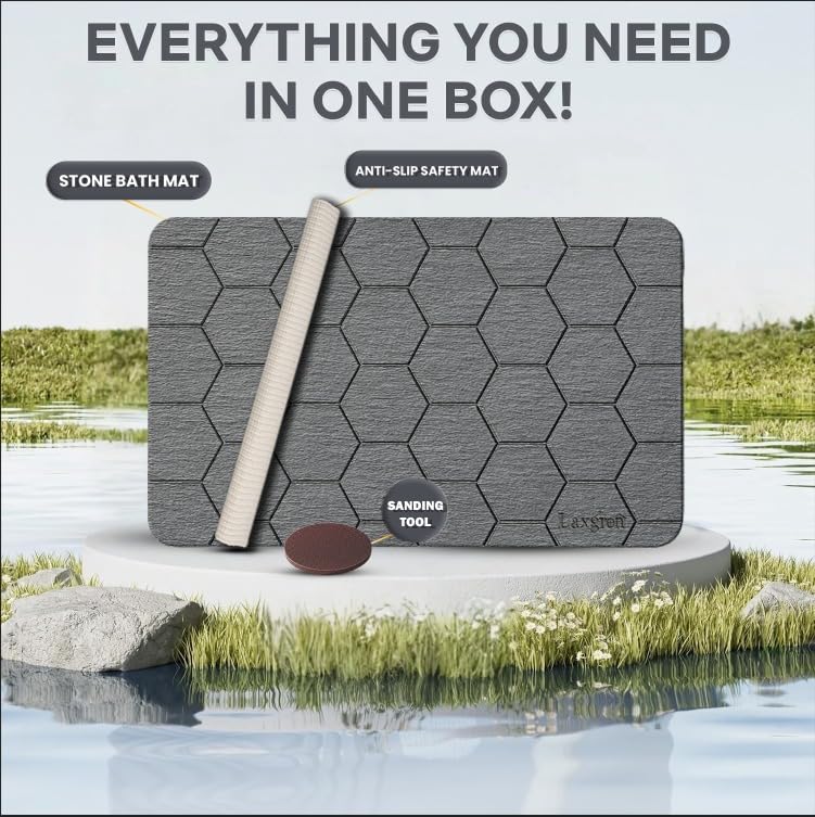 Stone Bath Mat - Premium Instant Absorption Natural Diatomaceous Earth Shower Mat 24"x16", Anti-Mold - Non-Slip Design, Ultra-Fast Drying Bathroom Floor Mat with Honeycomb Pattern, Gray