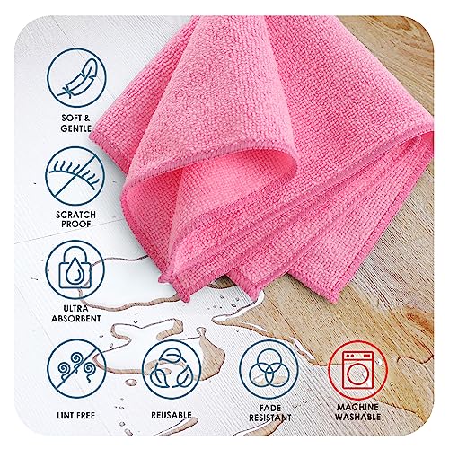 Hearth & Harbor Microfiber Cleaning Cloths, 12 Pack Pink Reusable Towels, Lint Free - color: Pink, size: 12"x12", style: 12 Pack