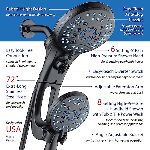 AquaCare 50-mode High Pressure Shower Head Combo with Arm & Dual Power Wash | Hygienic Jets, 2-mode Handheld Power Wash for Tub, Tile & Pets, Long 6 ft. Stainless Steel Hose, Extra Wall Bracket / Bronze - color: Oil Rubbed Bronze, style: 2.5 Gallons Per M