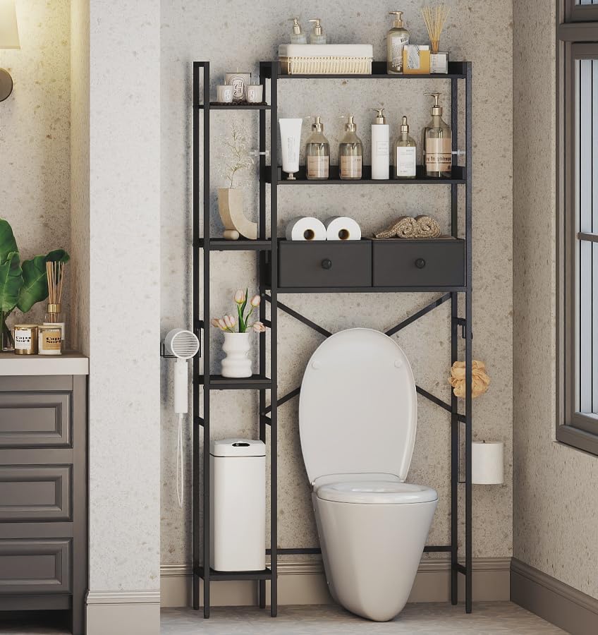 Over The Toilet Storage with 2 Drawers - 7 Tier Bathroom Organizer with Adjustable Shelf, Freestanding Space Saver Storage Rack Above Toilet Stand with Hooks for Small Restroom, Laundry(Black) - size: 7 Tier-Black