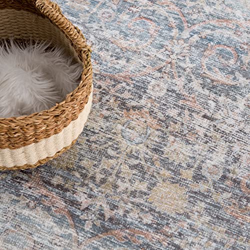 Bloom Washable Non-Slip 2x3 Blue/Red Boho Rug - Bathroom, Kitchen, Entryway - color: Ocean Blue / Brick, size: 2' x 3' (Rectangular)