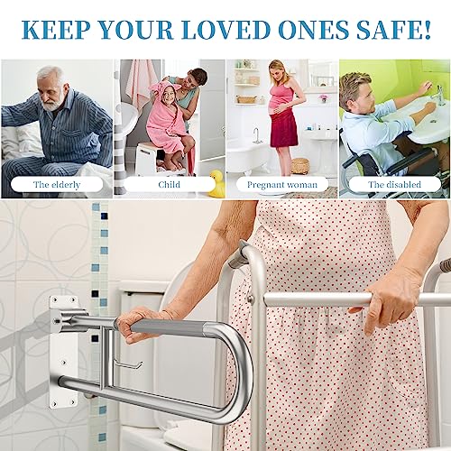 Toilet Grab Bar 30.3 Inch, Munzong Anti-Slip Handicap Grab Bars with Paper Holder, Flip-Up Bathroom Toilet Safety Rails, Stainless Steel Knurled Support handrails for Seniors Elderly Disabled Pregnant | Anti-Slip Bathroom Toilet Safety Rails Stainless Ste