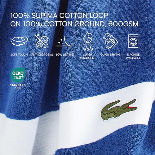 Lacoste Sport Stripe 6-Piece Luxury Cotton Towel Set – Made with 100% Soft Supima Cotton, Absorbent & Quick-Drying, Includes 2 Bath Towels, 2 Hand Towels, 2 Washcloths, Surf Blue - color: Surf Blue