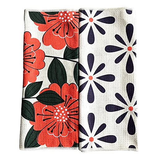 Kitchen Towels, Dish Towels for Kitchen, 2 Pc Kitchen Towel Set | Microfiber Waffle Towels, 16 x 26 inches, with Hanging Loops, Reusable Tea Towels, Cute Kitchen Towels - 2 Pack - color: Poppy