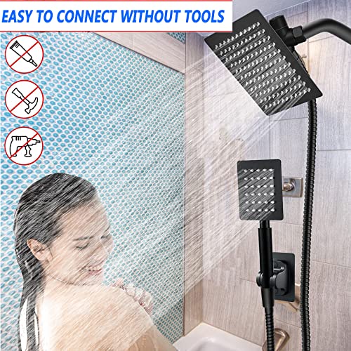 Square Shower Heads with Handheld Spray Combo, High Pressure All Metal Rain Shower Head and Handle Set, 6'' Showerhead with Hose 78" Stainless Steel (Wosaisius Matte Black Dual Shower Head) - color: Square#Matte Black