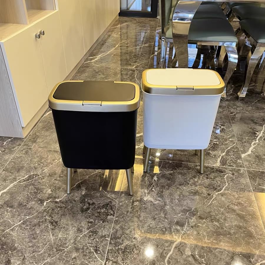 Procade Office Trash Can with Lid, Black Bathroom Trash Can with Gold Edge, Modern Narrow Garbage Can with Legs, Slim Plastic Trash Bin for Bedroom, Living Room,Kitchen,Toilet, 4 Gallon - color: Black