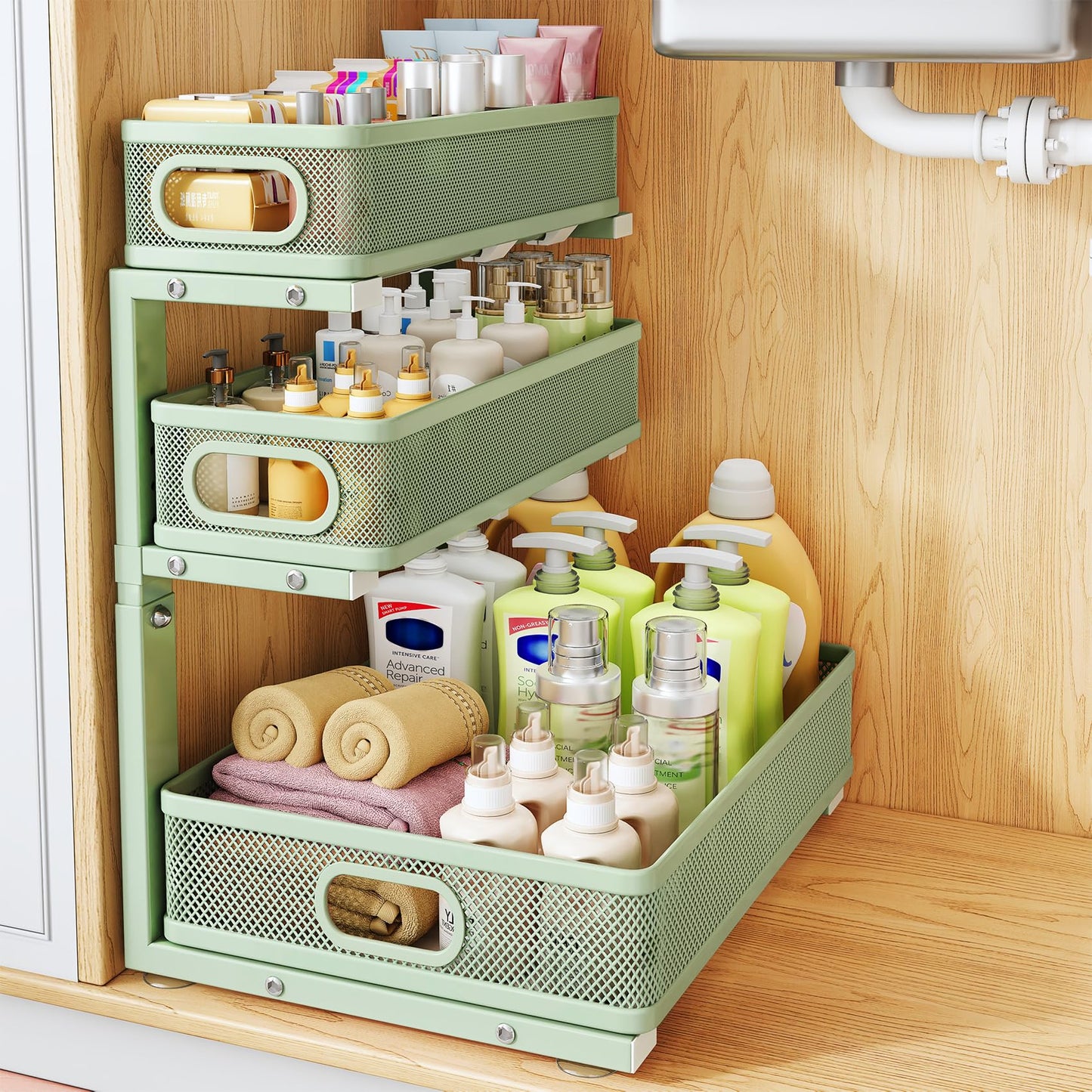 Under Sink Organizer, 3-Tier Thickened Metal Pull out Cabinet Organizer Shelf, Height Adjustable Slide out Storage Drawer Rack for Kitchen Bathroom Pantry Laundry Home Organization, 1-Pack, Green | 35% Extra Storage Capacity, Carbon Steel, Hold Up 55lbs,