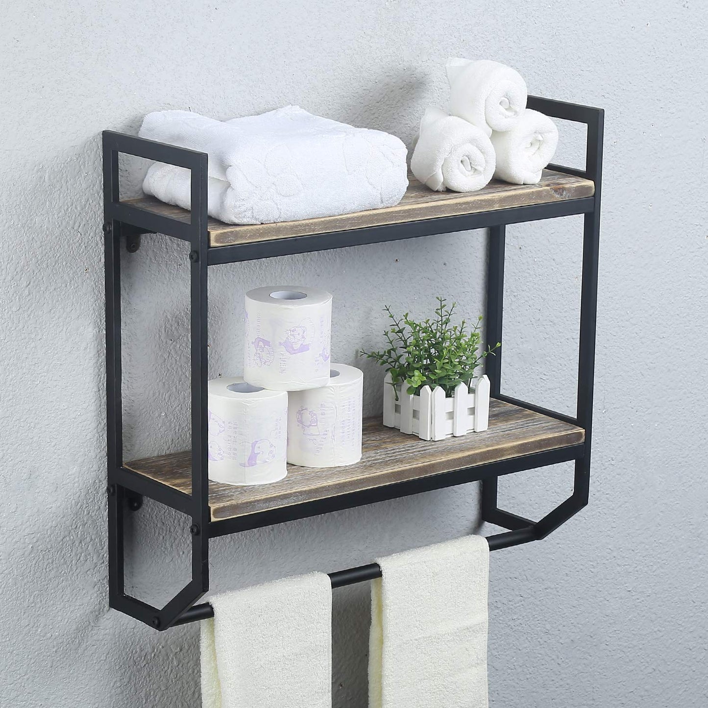 Towel Rack with Towel Bar,2-Tier 24" Bathroom Shelves Wall Mounted,Rustic Wall Shelf Over Toilet,Utility Storage Shelf Rack,Floating Shelves Towel Holder,Black - color: C