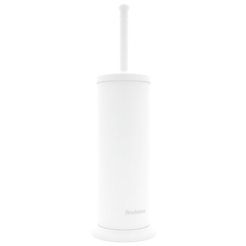 BROOKSTONE Toilet Brush and Holder Set for Bathroom with Splash Guard for Deep Cleaning, Compact and Space Saving Stylish Toilet Bowl Cleaners, White - color: White
