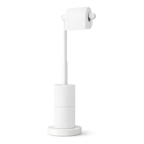 YUMORE Toilet Paper Holder Stand, Minimalist Design Matte White | Freestanding Stainless Steel Design with Reserve Roll Storage, Made for Modern Bathrooms and Small Spaces - color: White