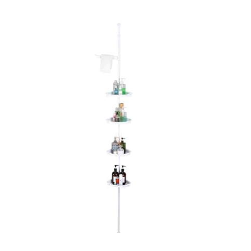 Corner Shower Caddy Tension Pole, 101.6''-122'', 4 Tier Shower Shelf, Rust Proof No Drilling Bathroom Organizer with Adjustable Trays, Plastic Bathtub Shelves Shamboo Holder, White