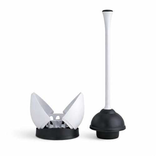 Hideaway Toilet Plunger with Caddy, White, 19.5 Inch Bathroom Plunger Set, Compact Storage Canister, Drip Tray Base, Easy Grip Handle