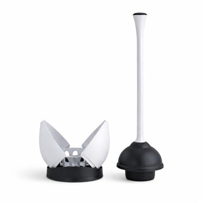 Hideaway Toilet Plunger with Caddy, White, 19.5 Inch Bathroom Plunger Set, Compact Storage Canister, Drip Tray Base, Easy Grip Handle