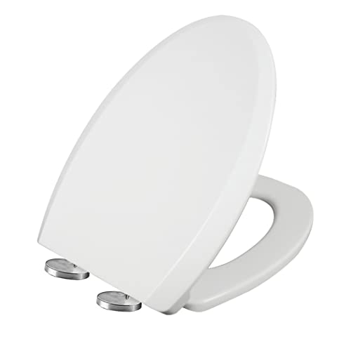 Soft Close Elongated Toilet Seat - Easy Clean, Universal Fit, Durable UF Material, Non-Slip Bumpers, Quiet Lid, White - Perfect for Home Bathrooms.