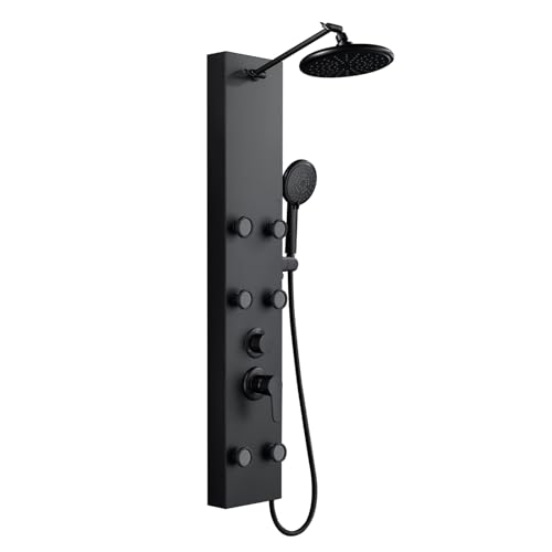 ROVOGO Shower Panel Tower System Stainless Steel, 43.3 Inch, Matte Black | Height Adjustable Shower Arm, Self-Cleaning Shower Head, 5-Setting Handheld, 6 Body Jets, W/ Brass Mixing and Diverter Valve - color: All Black