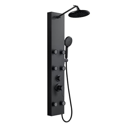 ROVOGO Shower Panel Tower System Stainless Steel, 43.3 Inch, Matte Black | Height Adjustable Shower Arm, Self-Cleaning Shower Head, 5-Setting Handheld, 6 Body Jets, W/ Brass Mixing and Diverter Valve - color: All Black