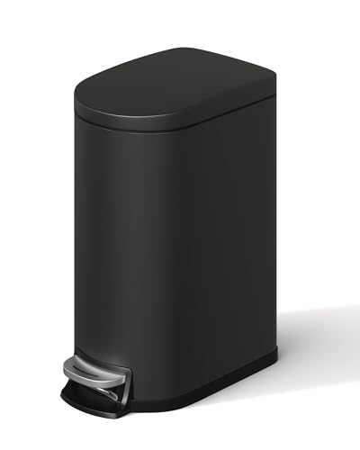 GarveeHome 2.6 Gallon Bathroom Trash Can, Space-Saving Slim Stainless Steel Step-On Garbage Bin with Soft Close Lid, Removable Inner Bucket for Bathroom & Bedroom, Black - color: Black, size: 2.6 Gallon