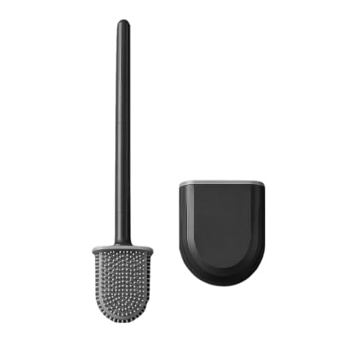 RV Silicone Toilet Brush with Holder, Drill-Free Wall Mounted Toilet Bowl Cleaner, Anti-Drip Anti-Roll Compact Brush for RV Camper & Small Bathroom (Black) - color: Black