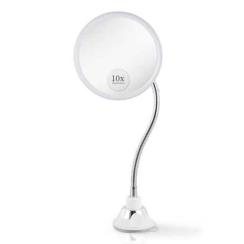Flexible 10X Gooseneck Magnifying Mirror, 6.7" x 6.7" (Round) | Adjustable Gooseneck Magnifying Makeup Mirror Non Lighted with Suction Cup - Mount on Table or Wall for Vanity & Bathroom Use
