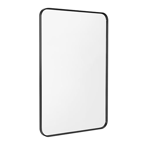 Black Bathroom Mirror 16x20in, Metal Framed Rounded Rectangle Wall | Tempered Glass, Anti-Rust Frame, Hangs Horizontal or Vertical, HD Reflection Clarity - color: Black, size: 20"L x 16"W, style: Rectangle