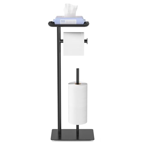 Toilet Paper Holder Stand with Top Storage Shelf | Free Standing Toilet Roll Dispenser for Bathroom, Holds 4 Reserve Rolls, Silver - color: Matte Black