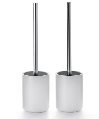 Ceramic Toilet Brush and Holder Set, Toilet Bowl Cleaner Brush | Freestanding Deep-Cleaning, Stainless Steel Handle, Small & Sturdy for Storage, Easy to Clean, Non-Scratching - color: Matt White