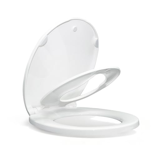 KHE Round Toilet Seat with Built-In Toddler Seat, Soft Close, 16.5 Inch | Quick Release for Easy Cleaning, Non-Slip Bumpers, Durable PP, White - size: Round 16.5'' with Toddler Seat