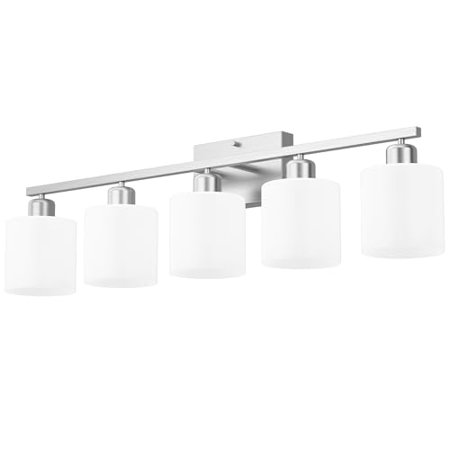 Bathroom Lights Over Mirror Brushed Nickel, Anti-Rust 5-Light Bathroom Vanity Light Fixtures, Modern 28.34Inches Wall Sconces E26 Base, Milky White Glass Shades, Bulbs Not Included - color: Brushed Nickel-5Light