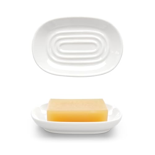 Ceramic Soap Dish for Bath Sink- Modern White Bar Soap Holder for Shower - Easy to Clean Multi-Purpose Oval Soap Dishes for Soap Bar, Sponges, Jewelry, Small Items | Fits Bathroom & Kitchen - color: White- Smooth Glossy