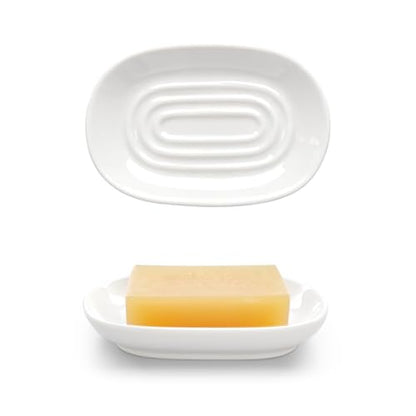 Ceramic Soap Dish for Bath Sink- Modern White Bar Soap Holder for Shower - Easy to Clean Multi-Purpose Oval Soap Dishes for Soap Bar, Sponges, Jewelry, Small Items | Fits Bathroom & Kitchen - color: White- Smooth Glossy