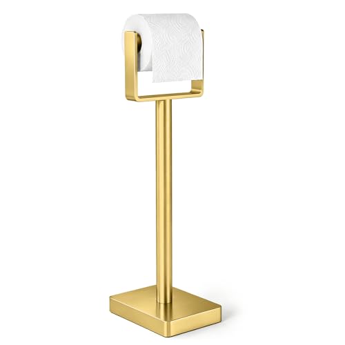 YUMORE Toilet Paper Holder Stand with Weighted Base, Brushed Gold | Freestanding Stainless Steel Paper Holder with Spring-Loaded Roll Arm for Bathroom - color: Brushed Gold, size: Standard Style