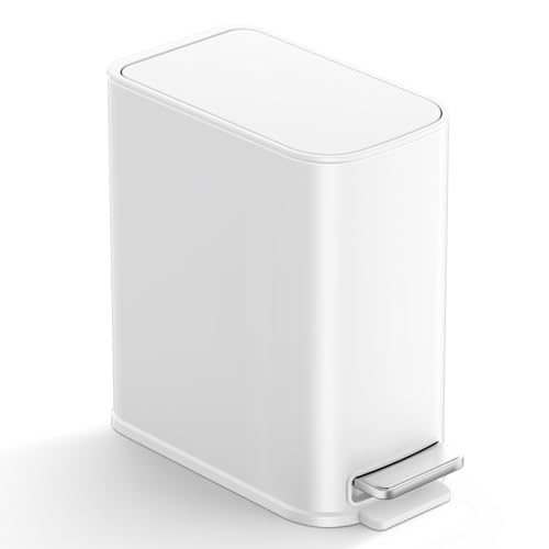 TIPGO Small Bathroom Trash Can with Lid Soft Close,1.3 Gallon, White | Step Pedal, Removable Inner Bucket, 5 Liter Slim Stainless Steel Garbage Can for Bedroom, Office, Kitchen - color: White