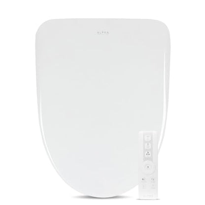 ALPHA BIDET iX Pure Bidet Toilet Seat in Round White | Ultra Low Profile | Endless Warm Water | Arced Stainless Steel Nozzle | Blue LED Nightlight | Dryer… - size: Round