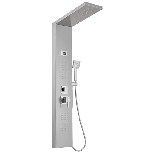 BWE Multi-Function Shower Panel System with Rainfall Shower Head Massage Body Jets and Handheld Shower Head 3 In1 Shower Panel Tower Stainless Steel for Home Hotel Resort Brushed Nickel and Chrome