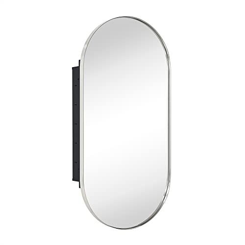 Brushed Nickel Oval Recessed Bathroom Medicine Cabinet with Mirror Stainless Steel Metal Framed Oblong Pill Shaped Bathroom Cabinet with Mirror 16x33'' - color: Brushed Nickel